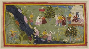 Dodaj 15296 (1) f.79r, Dasaratha opowiada królowym o incydencie w młodości, kiedy przypadkowo zabił syna mędrca podczas polowania. Po lewej Daśaratha omyłkowo celuje łukiem przez drzewa w młodzieńca, który po drugiej napełnia swój dzban z wodą. autorstwa Indian School
