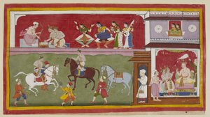 Dodaj 15296 (1) f.7r, Po prawej w pałacu książęta proszą króla o nauczycieli religii, sztuki i nauki, podczas gdy powyżej dwie panie przy wyłożonym dywanem oknie jharokha patrzą na nie po lewej, gdy ćwiczą jeździectwo na boisku. autorstwa Indian School
