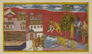 Dodaj 15296 (2) f.16r, Z powrotem na zewnątrz pałacu Kiskindha autorstwa Indian School