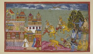 Dodaj 15296 (2) f.18r, Na zewnątrz pałacu Sugriva i Bali wściekle biją się nawzajem pięściami i gwoździami, a następnie wyrywają drzewa i skały, ale Bali jest silniejszy i powoli Sugriva jest zmuszony ustąpić pola. Kiedy Rama widzi, że Sugriva przegrywa, autorstwa Indian School