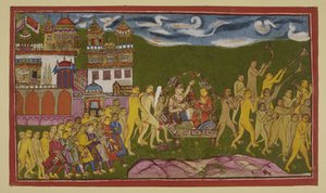 Dodaj 15296 (2) f.43r, Sugriva i Laksmana są przewożone w złotym miocie, niesionym przez małpy, z Kiskindha autorstwa Indian School