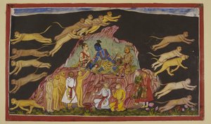 Dodaj 15296 (2) f.49r, Rama, Laksmana i Sugriva siedzą na skalistym wzniesieniu. Sugriva dzieli swoje ogromne siły na cztery i wysyła je, by przeszukały cztery kwatery w poszukiwaniu Sity. Każdemu dowódcy oddziału opisuje teren, z którym będą się spotykać autorstwa Indian School