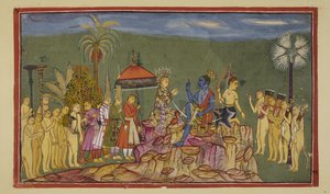 Dodaj 15296 (2) f.56r, Rama pyta Sugrivę, który wcześniej opisał cztery strony świata, jak poznał je tak dobrze. Sugriva mówi mu, że był ścigany przez cztery kwatery przez swojego brata Ba autorstwa Indian School