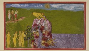 Dodaj 15296 (2) f.81r, Na brzegach wielkiego oceanu małpy były przerażone tym, jak mogą go przekroczyć, aby dotrzeć do La?k?. Angada zapytała ich wszystkich, jak daleko mogą skoczyć, ale nikt nie był pewien, że tak daleko skoczyć, dopóki Jambavan nie po autorstwa Indian School
