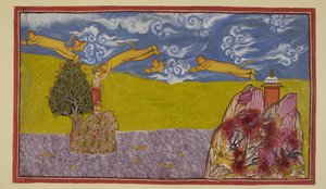 Dodaj 15296 (2) f.84r, Niezrażony szerokością oceanu, Hanuman pęcznieje do ogromnych rozmiarów i, używając wciąż płonącej góry Mahendra jako wyrzutni, rzuca się w kosmos i przez ocean do wyspiarskiego królestwa La ?k? . Ocean zachęca autorstwa Indian School