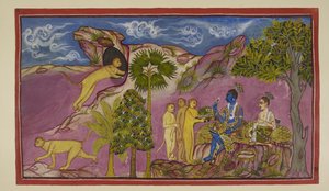 Dodaj 15296 (2) f.9r, Sugriva mówi Ramie, że widział Sitę uniesioną w rydwanie przez Ravanę, walczącą i wykrzykującą imiona Ramy i Laksmana. Widząc go na dole, opuściła swoje klejnoty i wierzchnią szatę. Sugriva biegnie do jaskini w autorstwa Indian School