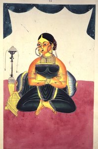 Dodaj Or 906 Kurtyzana siedząca ze skrzyżowanymi nogami obok fajki „nargila”, ok. 1865 (farba akwarelowa i srebrna na papierze) autorstwa Indian School