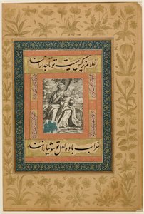 Dodać. Lub. MS 3129 f.43r Europejska rycina przedstawiająca Dziewicę z Dzieciątkiem podczas ucieczki do Egiptu, ilustracja z albumu "Dara Shikoh", ok. 1640 (rycina kolorem, gwaszem i złotem na papierze) autorstwa Indian School