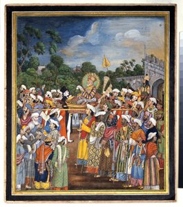 Akbar Shah II otrzymuje brytyjskiego rezydenta, ok. 1810 r autorstwa Indian School