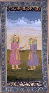 Akbar wręcza wysadzane klejnotami pióro swojemu synowi Jahangirowi, ok. 1845 (nieprzezroczysta toaleta i złoto na papierze) autorstwa Indian School