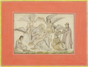 Angels Attend Mary and Jesus, ok. 1665 (nieprzezroczysta toaleta i złoto na papierze) autorstwa Indian School