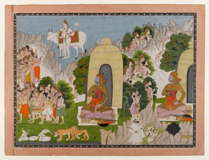 Pokuta Ardżunas, scena z serii Mahabharata, ok. 1825-40 (toaleta i złoto na papierze) autorstwa Indian School