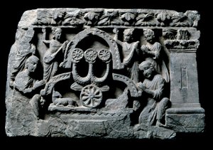 Sztuka Gandhary (lub grecko-buddyzm): „”Budda w modlitwie””cud Śrawasti (Śrawasti lub Savatthi) (Modlący się Budda, cud Śrawasti) Relief Szkoły Gandhary - II-IV wiek - Muzeum Indii, Kalkuta Indie autorstwa Indian School
