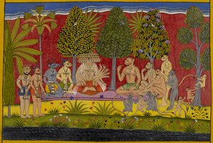Zdumiony siłą Bali, Rāvaṇa oferuje przyjaźń; siedzą razem żując paan autorstwa Indian School