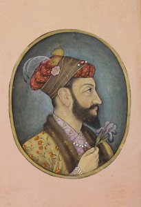 Aurangzeb Bahadur trzymający tęczówkę, ok. 1650 (nieprzezroczysta toaleta i złoto na papierze) autorstwa Indian School