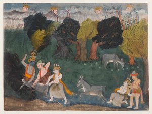 Balarama zabija demona osła, strona z rozproszonej serii Bhagavata Purana, ok. 1725 r. (nieprzezroczysta akwarela i srebro na papierze) autorstwa Indian School