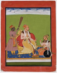 Bhao Singh na tronie ze szlachcicem u jego stóp, ok. 1680 (nieprzezroczysta toaleta i złoto na papierze) autorstwa Indian School