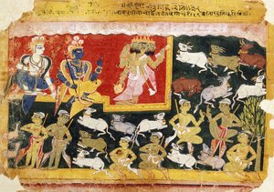 Brahma składa hołd Krysznie jako wcielenie Wisznu, ok. 1540-1575 autorstwa Indian School
