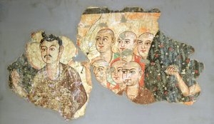 Budda z sześcioma uczniami, z Miranu, III-IV w. (malarstwo ścienne) autorstwa Indian School