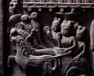 Buddyzm: „”Ostatnia wizyta Prasenjita u Buddy” (Ostatnia wizyta Prasanjita u Buddy) detail du stupa de Bharhut (Barhut, Barouth) Płaskorzeźba z czarnego kamienia, II wpne (II wpne) - Kalkuta, muzeum indyjskie autorstwa Indian School