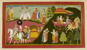 Dasaratha i jego królowe wracają do Ayodhyi, zostawiając za sobą Rishyasringę i Shantę. autorstwa Indian School