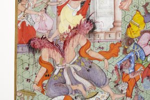 Fragment obrazu Krishna rozszczepia demona Narakasurę ze swoim dyskiem, ok. 1585-90 (nieprzezroczysta toaleta i złoto na papierze) autorstwa Indian School