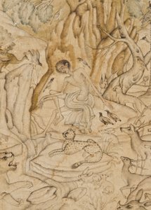 Detal z Majnun na pustyni, ok. 1595 (nieprzezroczysta toaleta i złoto na papierze) autorstwa Indian School
