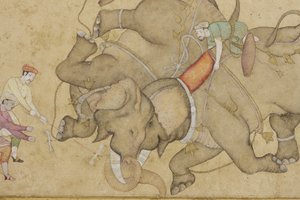 Detal z walki słoni, z obramowaną kwiecistą arabeską, ok. 1610 (nieprzezroczyste wc i złoto na papierze) autorstwa Indian School