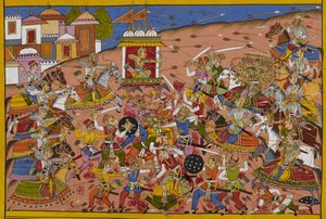 Dhanada walczy z Rāvaṇą w zaciekłej walce pomiędzy ich armiami autorstwa Indian School