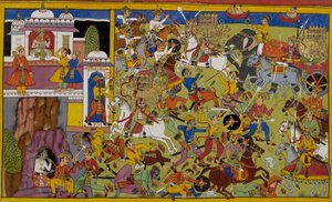 Dhanada rozkazuje yakṣasom walczyć z armią demonów Rāvaṇa autorstwa Indian School