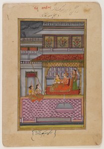 Dipaka Raga, strona z rozproszonej serii Ragamala, ok. 1800 (wc i złoto na papierze) autorstwa Indian School