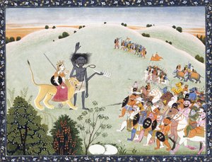 Durga i Kali stoją przed nacierającymi zastępami demonów, ok. 1800-1820 r autorstwa Indian School