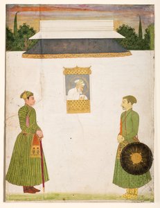 Cesarz Aurangzeb w oknie jharokha, na pierwszym planie dwóch szlachciców, ok. 1710 (nieprzezroczyste wc złoto na papierze) autorstwa Indian School