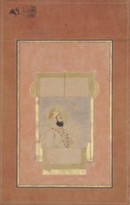 Farrukh Siyyar siedzący przy oknie, trzymający złoty sarpech, ok. 1715 (nieprzezroczysta toaleta i złoto na papierze) autorstwa Indian School