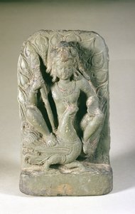 Figura Skandy ze swoim pawim, Punjab Hills (piaskowiec) autorstwa Indian School