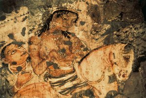 Postać kobiety na grzbiecie konia, Malowidło ścienne w jaskiniach Ajanta (numer 1), okres Gupty, V-VI w. (obraz) autorstwa Indian School