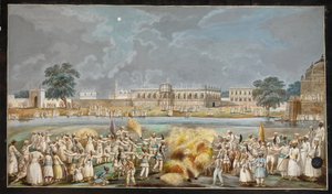 Pokaz sztucznych ogni w jasną księżycową noc przed Agna Mahal, częścią pałacu Nawab nad rzeką w Murshidabad, ok. 1790-1800 (akwarela na papierze) autorstwa Indian School