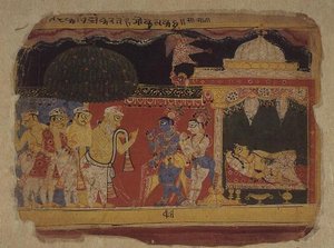 Folio. Nanda żegna się z Kryszną i Balaramą, z „Bhagavita Purana”, Radżastan autorstwa Indian School