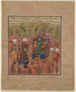 Folio z Shahnama (Księgi Królów) Firdawsiego (zm. 1020); Rustam przed Kay Kaus (nieprzezroczysta akwarela, tusz i złoto na papierze) autorstwa Indian School