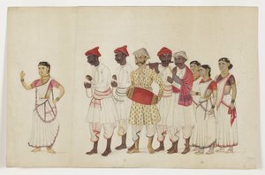 Cztery tancerki w procesji z muzykami, ok. 1830 (toaleta nieprzezroczysta i złoto na papierze) autorstwa Indian School