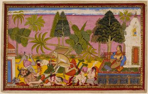 Hanumān atakuje demony, niszczy ogród przyjemności i pokonuje siły Rāvaṇa, podczas gdy Sītā patrzy. 1653 (miniatura) autorstwa Indian School