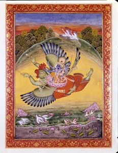 Hinduizm: przedstawienie ptaka Garudy niosącego Wisznu (lub Wisznu), wielkiego hinduskiego bóstwa, i jego żony Lakhmi autorstwa Indian School