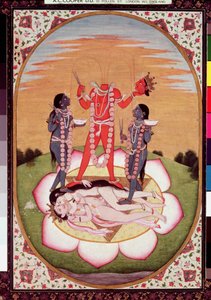 Ikona Chinnamasta, Mahavidya wyrastająca z połączonych ciał Pierwotnej Pary, Kangra, ok. 1800 r. (gwasz na papierze) autorstwa Indian School