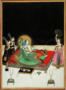 W. 67.23 Radha i Krishna podziwiają się w lustrze, ok. 1800 (welum) autorstwa Indian School