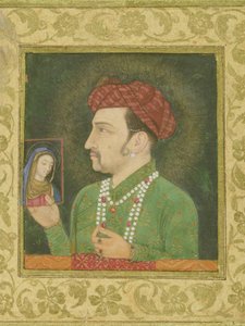 Dżahangir trzymający obraz Madonny z inskrypcją w języku perskim: Janhangir Shah, Mughal autorstwa Indian School