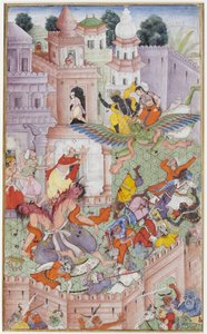 Krishna rozszczepia demona Narakasurę swoim dyskiem, ok. 1585-90 (nieprzezroczysta toaleta i złoto na papierze) autorstwa Indian School