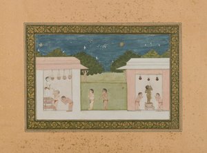 Krishna Stealing Curds, ok. 1775 (nieprzezroczysta toaleta i złoto na papierze) autorstwa Indian School