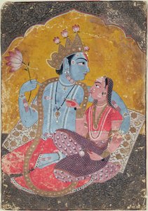 Krishna i Radha, ok. 1690-1700 (nieprzezroczyste wc z wytłoczonym złotem na papierze) autorstwa Indian School