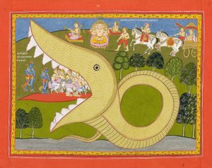 Krishna i pasterze wchodzą do ust Agasuras, ok. 1800 (nieprzezroczysta toaleta i złoto na papierze) autorstwa Indian School