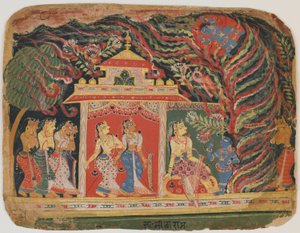 Kryszna porwany przez demona trąby powietrznej z Bhagavata Purany. c.1520-30 (nieprzezroczyste wc na papierze) autorstwa Indian School